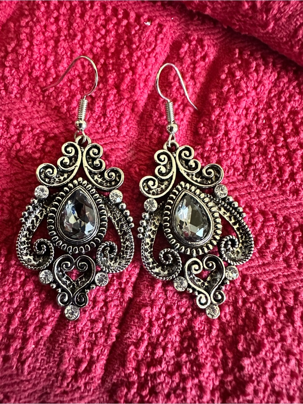 Source Unknown Silver Filigree Teardrop Crystal Earrings - Pink